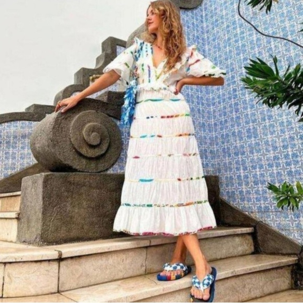 Farm Rio Colorful Trim White Dress